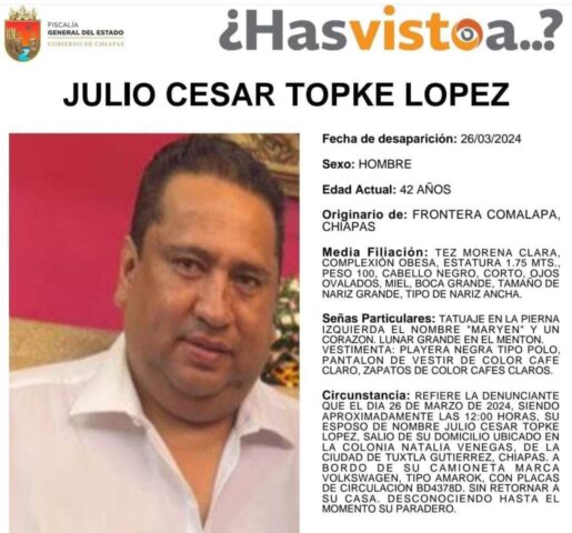 Intensifican búsqueda de Julio César Topke, desaparecido en Tuxtla Gutiérrez
