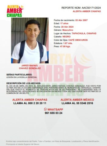 Alerta Amber emitida para adolescente desaparecido en Tapachula