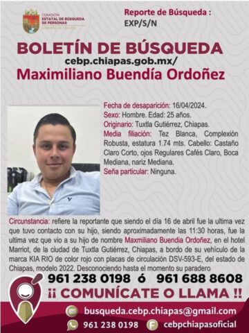 Se reporta la desaparición de Maximiliano en Tuxtla Gutiérrez