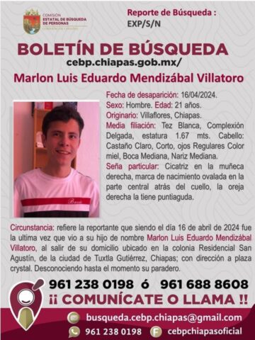 Buscan a Marlon, joven desaparecido en Tuxtla Gutiérrez