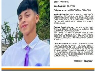 Joven de 20 años desaparece en Huixtla, Chiapas