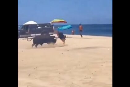 ¡Terror en la playa! Toro ataca a una mujer en Los Cabos (VIDEO)